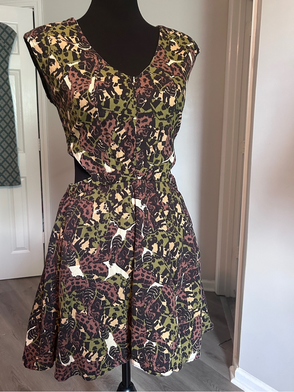 Teen Vogue Cutout Fit & Flare Dress Animal Print Olive Brown Y2K Size Large